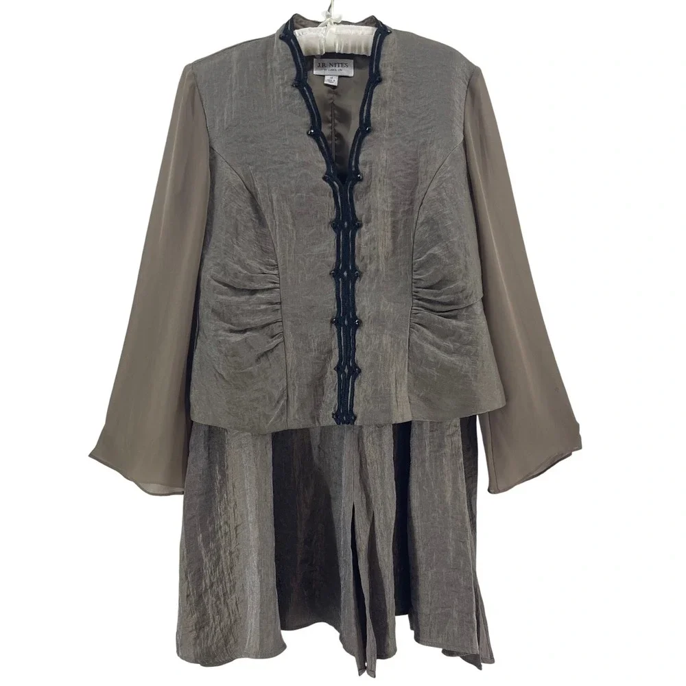 J.R. Nites‎ Carol Lin 2 Pc Dress Jacket Set 14 Taupe Evening Formal Wedding VTG